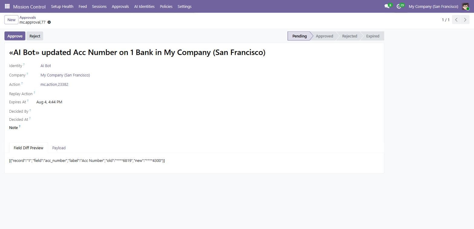A Mission Control approval request with the field diff preview and approve/reject buttons