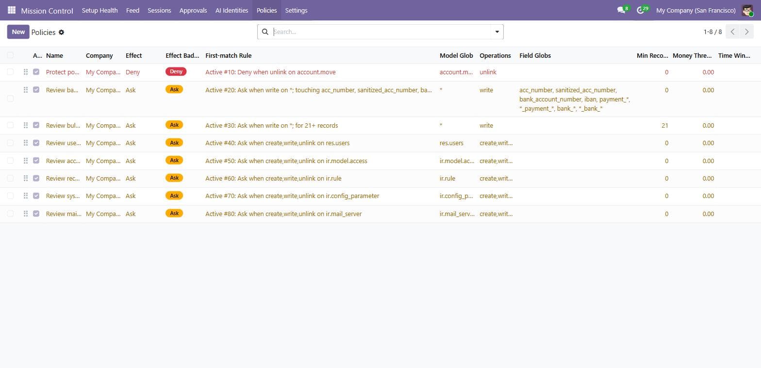Mission Control policies list with Allow, Ask and Deny effects and plain-language rule sentences