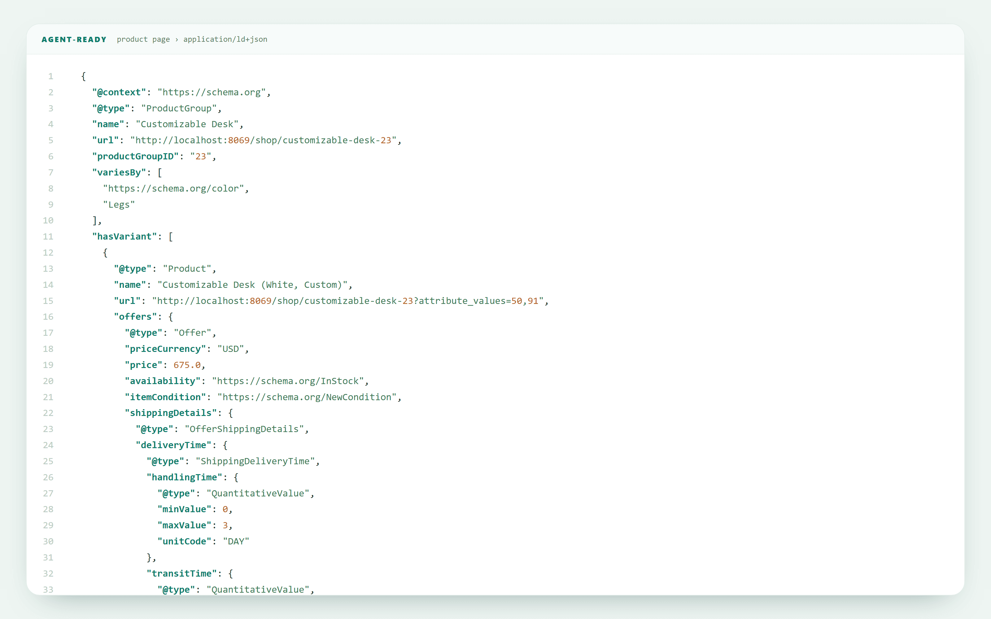 Product page source showing a schema.org ProductGroup JSON-LD block with variesBy, hasVariant, Offers, price, availability and OfferShippingDetails.