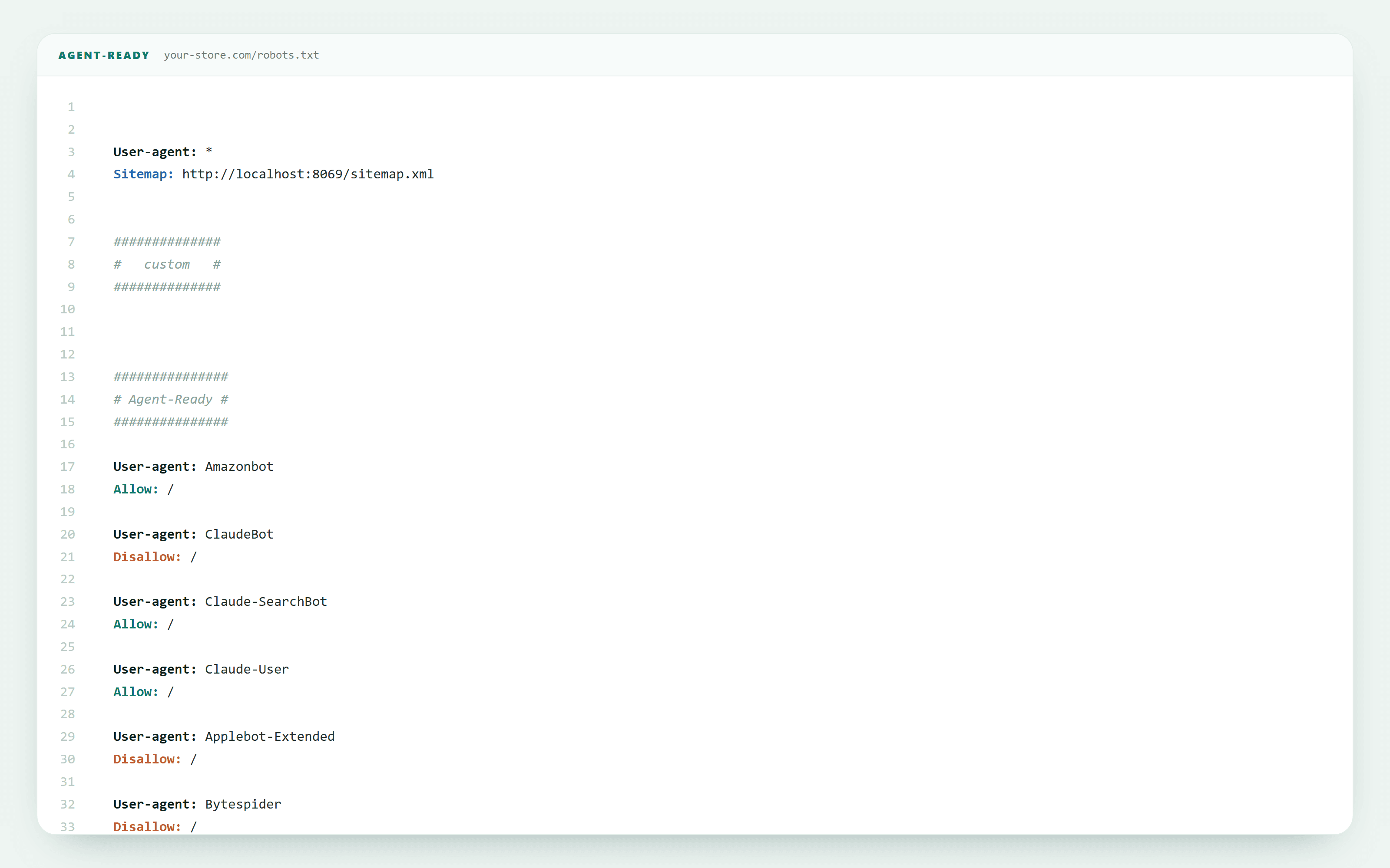 A live robots.txt showing the merchant's own rules preserved, then an appended Agent-Ready block with per-bot User-agent, Allow and Disallow lines.
