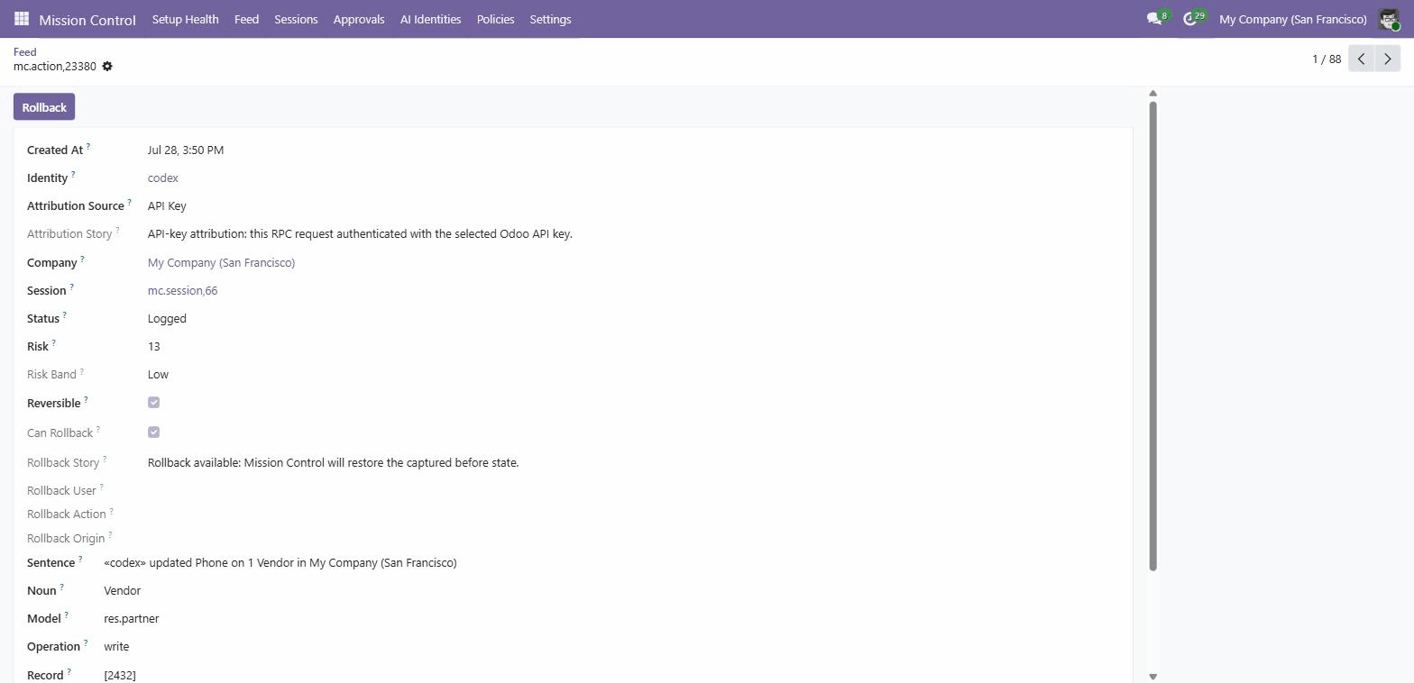 Mission Control Feed tour — sentence cards with risk chips, diffs and rollback