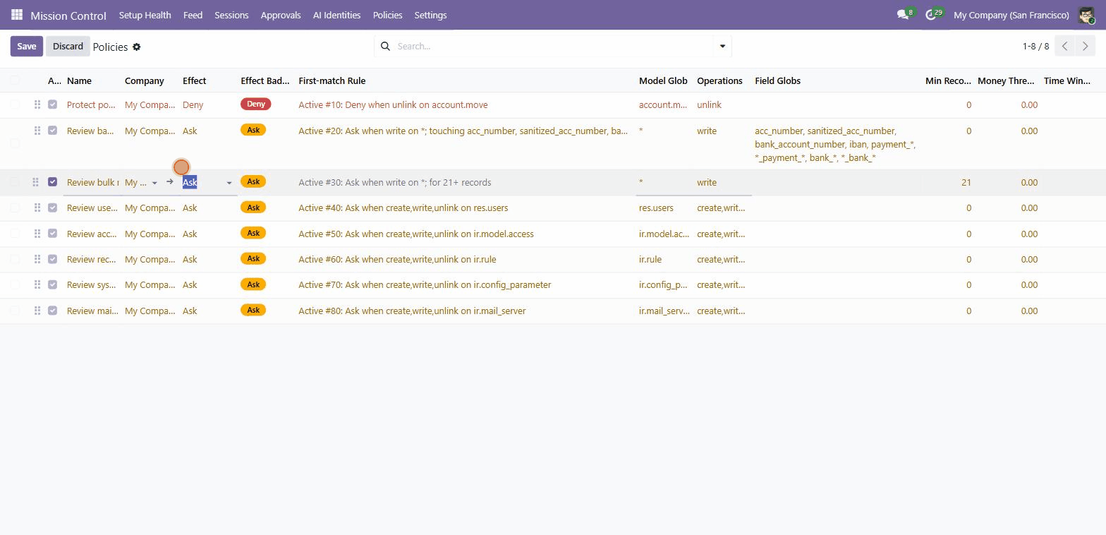 Mission Control policies — flipping a rule between Ask and Deny